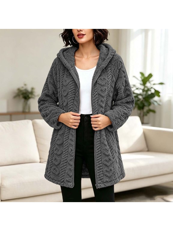 Fleece Jacket Women Fuzzy Warm Textured Hooded Zip Up Jacket Long Sleeve Thermal Oversized Winter Coat Cold Weather Outerwear Dark Gray M