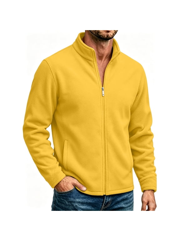 Fleece Jacket for Men Full Zip Stand Collar Warm Winter Coat Casual Thermal Outerwear with Pockets Lightweight Classic Fit Pullover Yellow XL