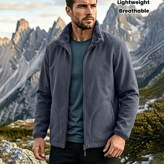 LEKWK Fleece Lined Jacket for Men Full Zip Sherpa Collar Warm Winter Coat Thermal Outerwear with Side Pockets Casual Classic Fit Top Gray XL