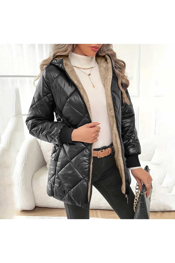 Fleece Lined Quilted Jackets for Women Zip up Sherpa Padded Winter Coats Long Sleeve Hooded Thermal Jacket with Pockets Outerwear