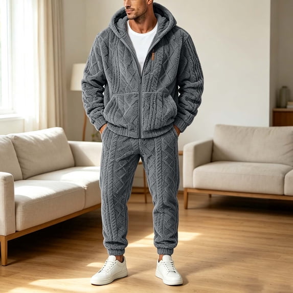 LEKWK Fleece Lined Tracksuit Men Winter Warm Fuzzy 2 Piece Outfit Zip Up Hooded Jacket and Jogger Sweatpants Workout Activewear