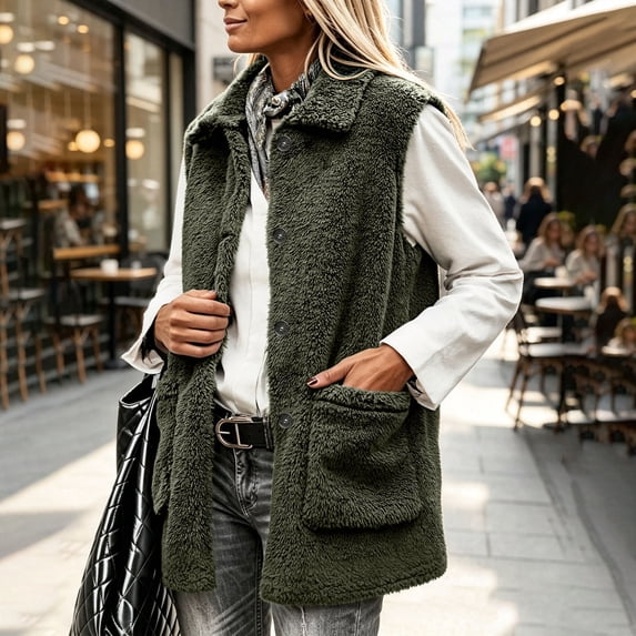 LEKWK Fleece Vest Women Fuzzy Sleeveless Button Down Casual Jacket with Pockets Cozy Fall Winter Warm Fluffy Coats Outerwear Army Green L