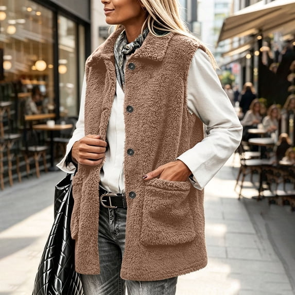 LEKWK Fleece Vest Women Fuzzy Sleeveless Button Down Casual Jacket with Pockets Cozy Fall Winter Warm Fluffy Coats Outerwear Brown S