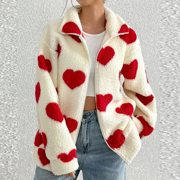 LEKWK Fleece Zip up Jackets for Women Lightweight Sherpa Heart Graphic Winter Coats with Pockets Outerwear