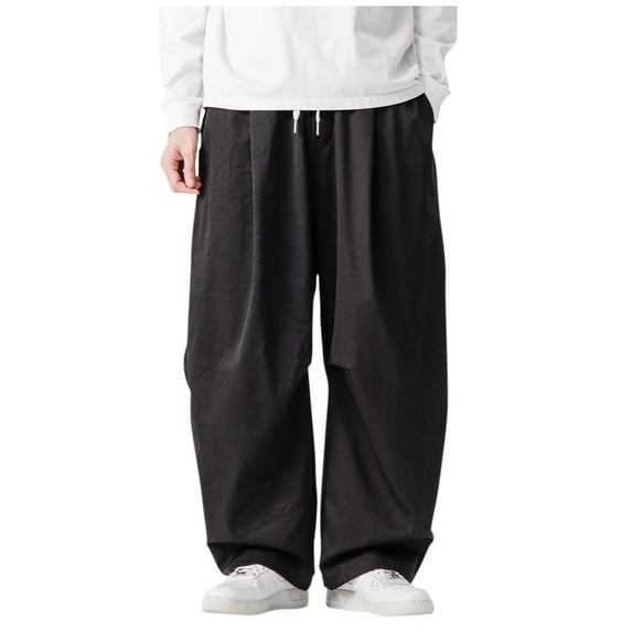 LEKWK Flowy Pants for Men Loose Fit Pleated Front Detail Wide Leg Pants Breathable Fabric Baggy Pants Elastic Drawstring Waist Casual Summer Wear