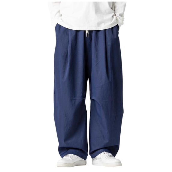 LEKWK Flowy Pants for Men Loose Fit Pleated Front Detail Wide Leg Pants Breathable Fabric Baggy Pants Elastic Drawstring Waist Casual Summer Wear
