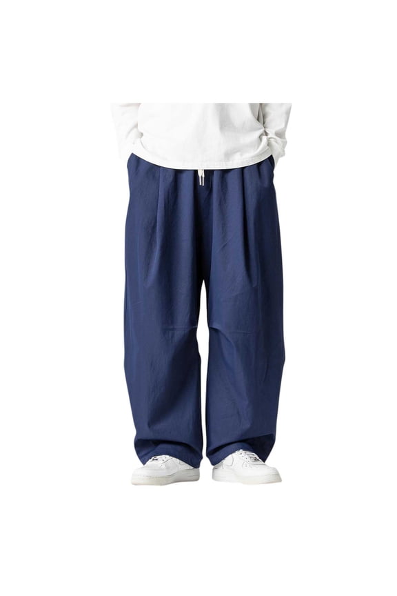 Flowy Pants for Men Loose Fit Pleated Front Detail Wide Leg Pants Breathable Fabric Baggy Pants Elastic Drawstring Waist Casual Summer Wear