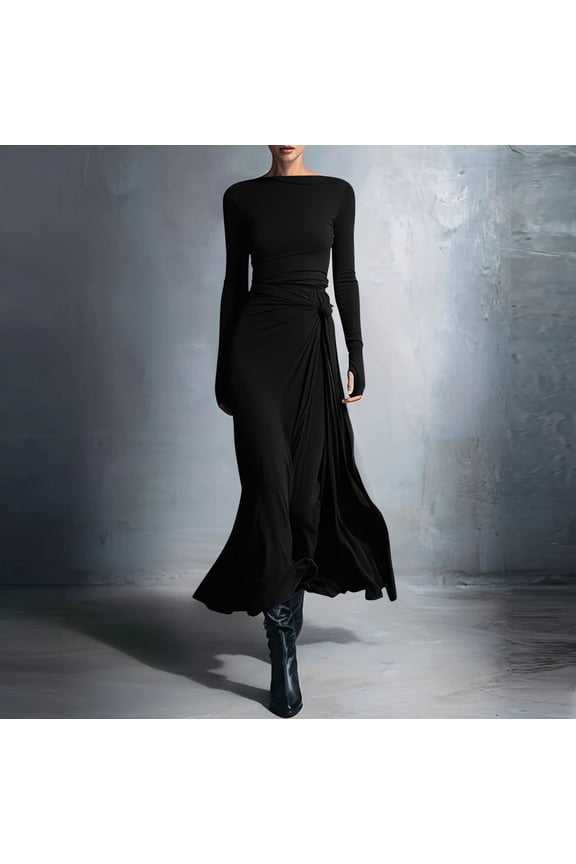 Formal Dresses for Women Evening Party Long Sleeve Maxi Dress Boat-Neck Bodycon Dress Side Slit Ruched Wrap Dress Wedding Guest Cocktail outfits