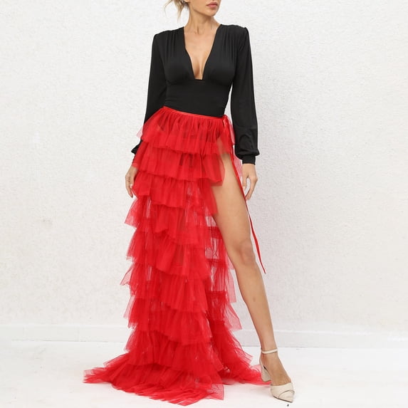 LEKWK Formal Dresses for Women Long Sleeve Maxi Dresses Deep V-Neck Cocktail Dress Tiered Tulle Layered Skirt High Slit Evening Gown