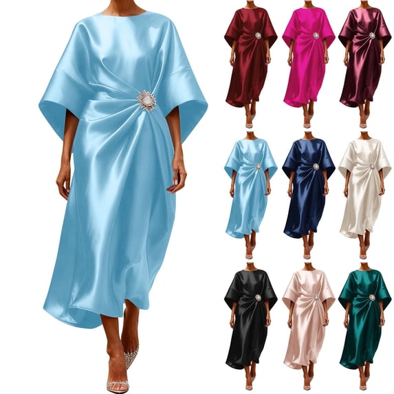 LEKWK Formal Dresses for Women Satin Elegant 3/4 Sleeve Boat-Neck Midi Dress Crystal Brooch Ruched Evening Gown Wedding Guest Cocktail Party outfits
