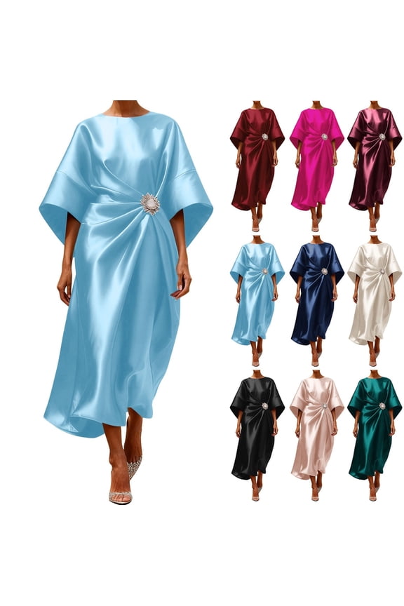 Formal Dresses for Women Satin Elegant 3/4 Sleeve Boat-Neck Midi Dress Crystal Brooch Ruched Evening Gown Wedding Guest Cocktail Party outfits