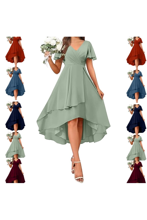 Formal Dresses for Women Short Flutter Sleeve Wedding Guest Dress V Neck High Low Hem Chiffon Dresses Elegant Cocktail Evening Party outfits