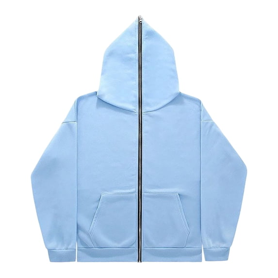 LEKWK Full Zip Hoodie for Men Soft Zip Through Hood Front Pockets Drop Shoulder Hooded Sweatshirt Relaxed Fit Casual Streetwear Jacket for Lounge Fall Winter Light Blue M