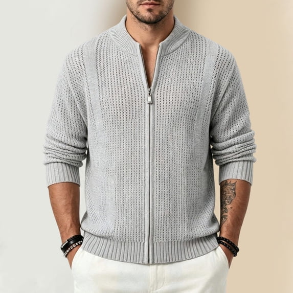 LEKWK Full Zip Sweater Cardigan for Men Knit Long Sleeve Stand Collar Ribbed Knitwear Warm Thermal Pullover Jacket Top for Fall Winter Outdoor Layering Daily Outfits Gray XL