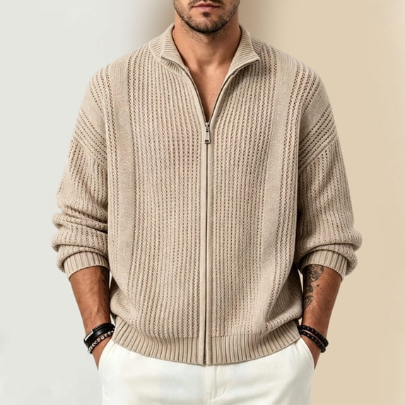 LEKWK Full Zip Sweater Cardigan for Men Knit Long Sleeve Stand Collar Ribbed Knitwear Warm Thermal Pullover Jacket Top for Fall Winter Outdoor Layering Daily Outfits Khaki L