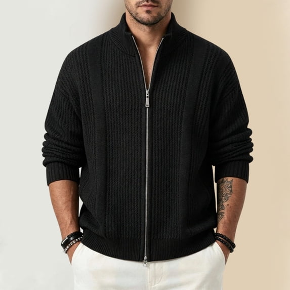 LEKWK Full Zip Sweater Cardigan for Men Knit Long Sleeve Stand Collar Ribbed Knitwear Warm Thermal Pullover Jacket Top for Fall Winter Outdoor Layering Daily Outfits Black XXL