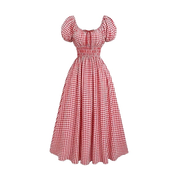 LEKWK Gingham Dress Women Plaid Puff Short Sleeve Smocked Midi Dress Ruffle Flowy Vintage Oktoberfest Outfits Women for Halloween Party