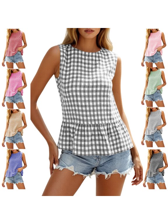 Gingham Tops for Women Sleeveless Ruffle Hem Peplum Blouse Tops Crew Neck Loose Fit Crop Cute Tank Tops Summer Fashion Beach Vacation Daily Wear
