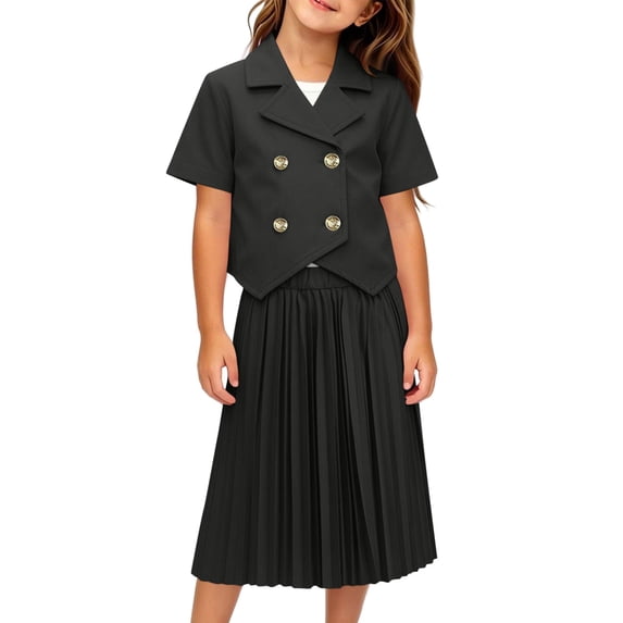 LEKWK Girls 2 Piece Formal Suit Short Sleeve Cropped Blazer and Midi Pleated Skirt Kids Preppy Birthday Party Graduation Ceremony Outfits 2-9Y