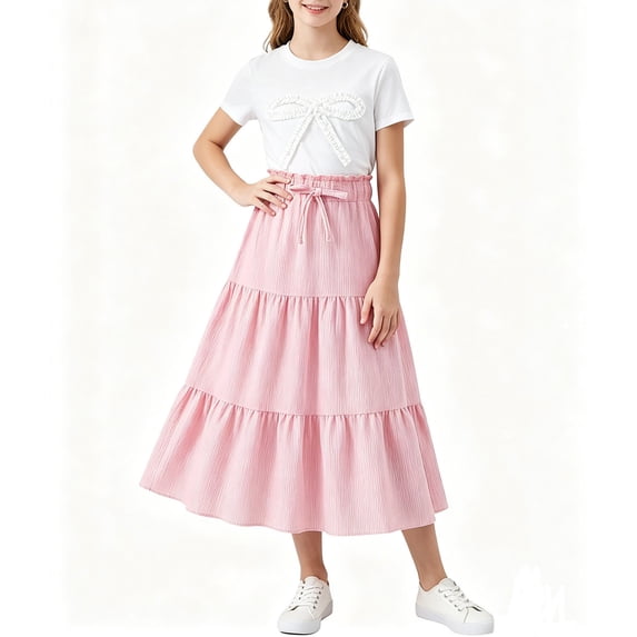 LEKWK Girls 2 Piece Midi Skirt Set Bow Short Sleeve Shirts and Elastic Waist Ruffle Tiered Skirt Casual Summer Outfit Teen Boho Floral Holiday Resort Wear