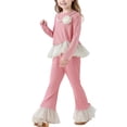 thumbnail image 1 of LEKWK Girls 2-Piece Outfit Set Long Sleeve Velvet Pullover with Ruffle Trim and Flare Pant Set Elegant Party Wear for Little Kid Soft Comfortable Suit, 1 of 4