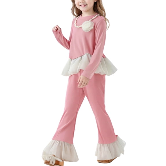 LEKWK Girls 2-Piece Outfit Set Long Sleeve Velvet Pullover with Ruffle Trim and Flare Pant Set Elegant Party Wear for Little Kid Soft Comfortable Suit