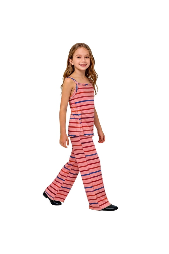 Girls 2-Piece Pajama Set Colorful Horizontal Stripe Sleeveless Tank Top Flare Pant Sleepwear Little Kid Soft Ribbed Knit Loungewear Nightwear Set