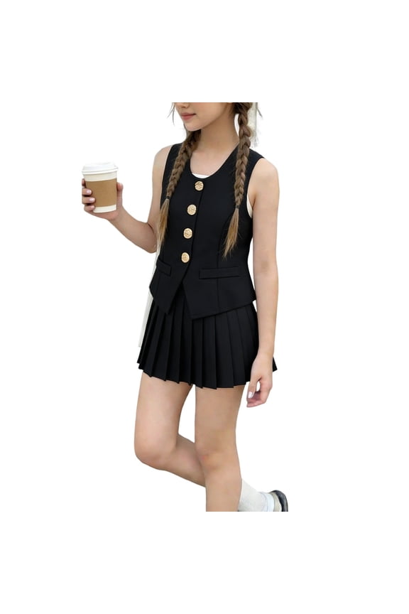 Girls 2-Piece School Uniform Set Sleeveless Button-Down Vest Top Pleated Mini Skirt Outfit Little Kid Preppy Style Casual Fashion Playwear Suit