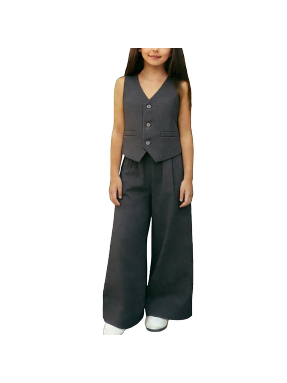 Girls 2-Piece formal Suit Set Sleeveless V-Neck Button-Down Vest with Pockets Wide Leg Pant Outfit Little Kid Elegant Party Performance Wear Suit
