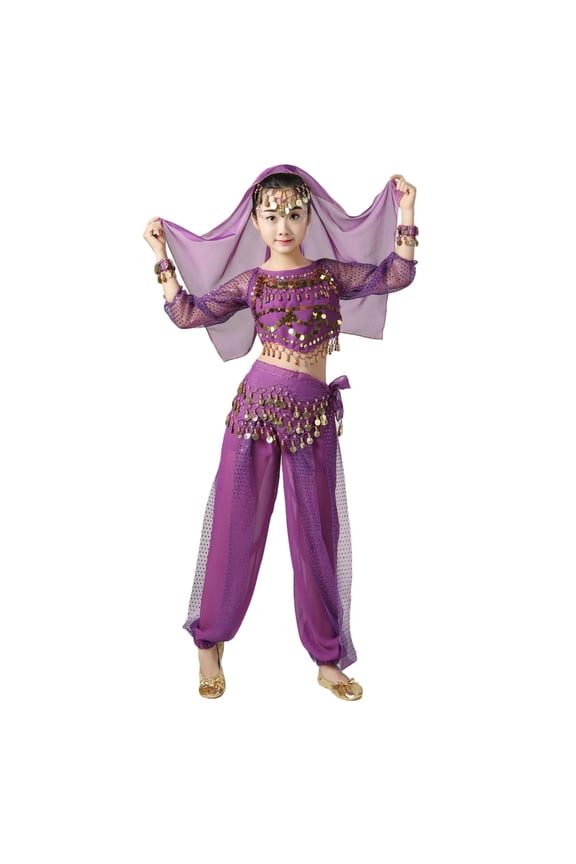 Girls 3-Piece Dance Outfit Set Long Sleeve Mesh Sequin Top Sheer Panel Harem Pants Matching Head Veil Cultural Performance Stage Soft