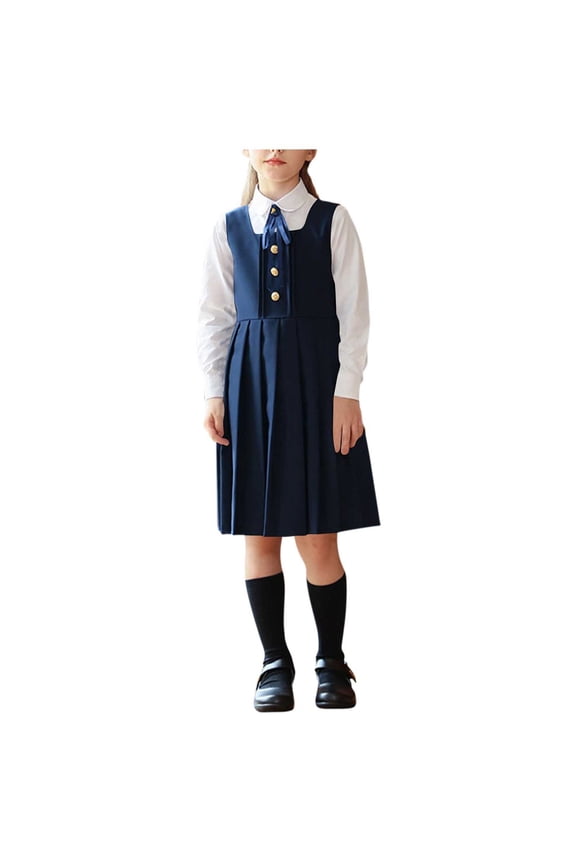 Girls 3-Piece School Uniform Set Long Sleeve Shirt Sleeveless Button Front Pleated Dress Bow-Tie Little Kid Preppy Class Wear Performance Outfit