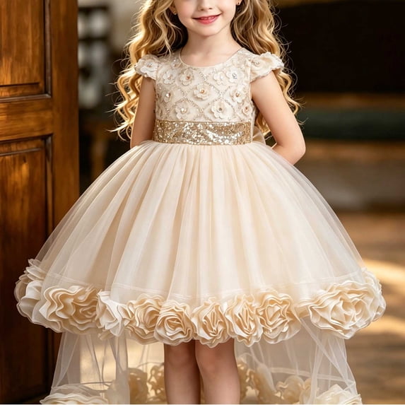 LEKWK Girls 3D Floral Princess Dress Sequin Tulle Trailing Formal Dress Cap Sleeve Wedding Pageant Gown for Birthday Party Piano Recital Evening Ceremony