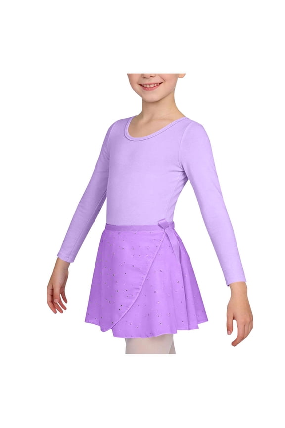 Girls Ballet Dance Dress Long Sleeve Scoop Neck Leotard Sparkly Sequin Wrap Skirt Stretchy Fabric Gymnastics Performance Clothing