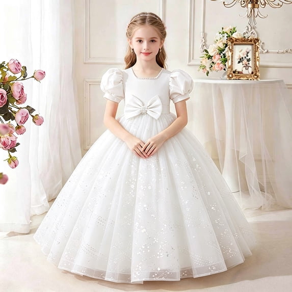 LEKWK Girls Bow Princess Dress Sequin Puff Short Sleeve Tulle Tiered Pageant Gown Ruffle Cute Dress for Flower Girl Wedding Birthday Party 3-14Y