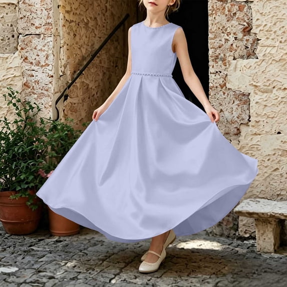 LEKWK Girls Bridesmaid Flower Dress Sleeveless Satin Bow Tie Backless Pageant Gown Pleated Flowy A-Line Princess Dresses for Birthday Party Wedding 0-13Y