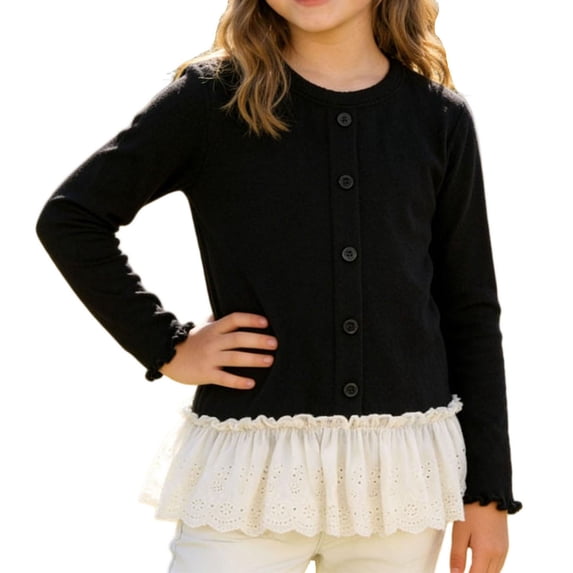 LEKWK Girls Button Down Cardigan Long Sleeve Ruffle Hem Ribbed Knit Sweater Soft Warm Casual School Uniform Outerwear