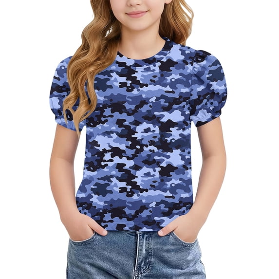 LEKWK Girls Camo Shirt Puff Short Sleeve Crewneck Comfy T-Shirts Kids Camouflage Graphic Tees Shirts Summer Going Out Training Outfits 4-15Y