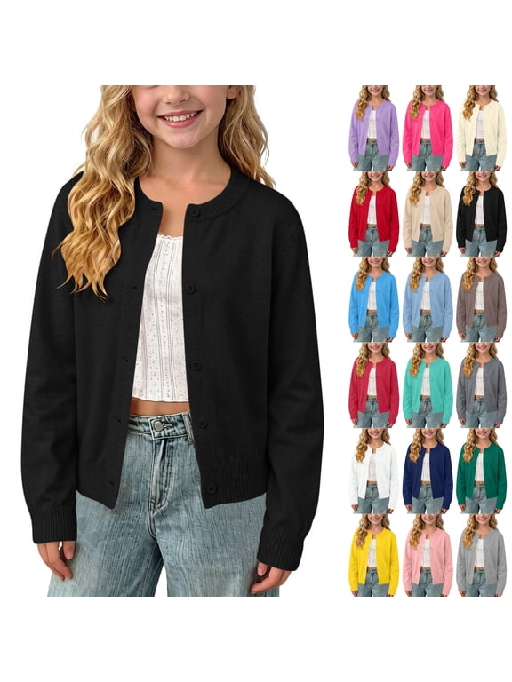 Girls Cardigan Toddler School Uniform Long Sleeve Button Down Sweater Knit Lightweight Cute Sweater Spring Fall Outwear Black Cardigan Size 6-7