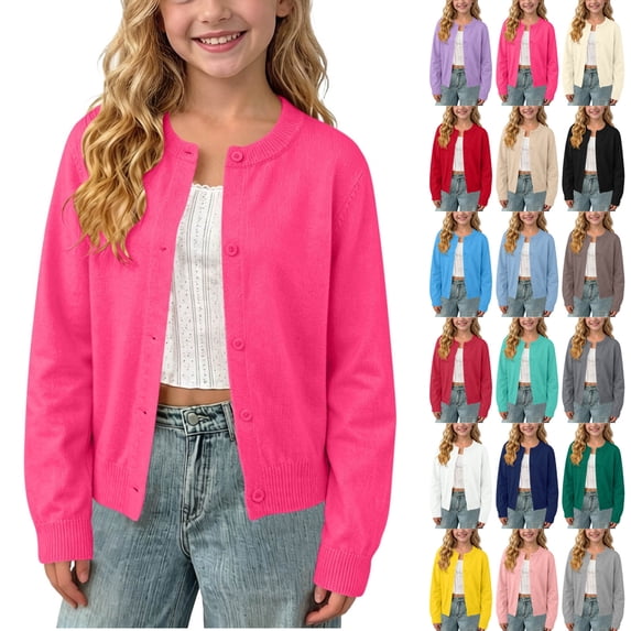 LEKWK Girls Cardigan Toddler School Uniform Long Sleeve Button Down Sweater Knit Lightweight Cute Sweater Spring Fall Outwear Pink Cardigan Size 4-5
