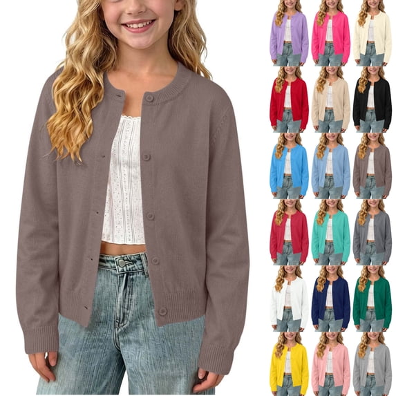 LEKWK Girls Cardigan Toddler School Uniform Long Sleeve Button Down Sweater Knit Lightweight Cute Sweater Spring Fall Outwear Brown Cardigan Size 10-11