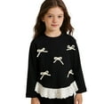 thumbnail image 1 of LEKWK Girls Crew Neck Sweatshirt Bow Knot Detail Ruffle Hem Long Sleeve Pullover Soft Warm Preppy Style Back to School Tops, 1 of 7