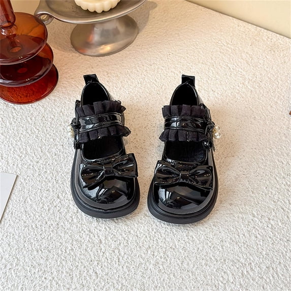 LEKWK Girls Cute Mary Jane Shoes Ruffle Tulle Strap Bow Pearl Non Slip Soft Comfort Casual School Uniform Dress Shoes Kids Wedding Party Footwear