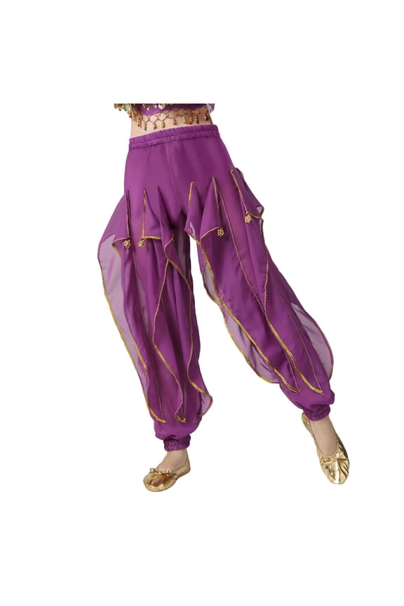 Girls Dance Pants Split Leg Harem Trousers Gold Trim Chiffon Bloomers Elastic Waist Soft Performance Costume Yoga Belly Dance Daily Wear