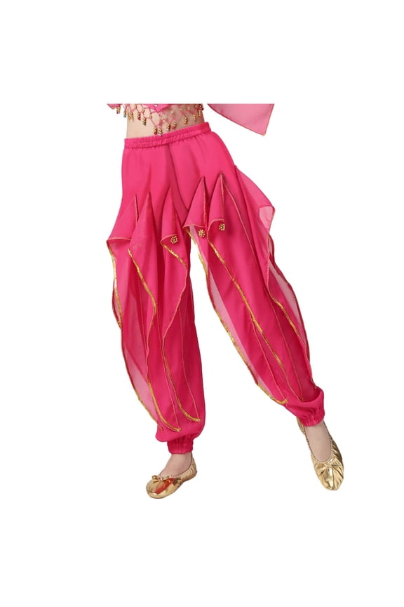 Girls Dance Pants Split Leg Harem Trousers Gold Trim Chiffon Bloomers Elastic Waist Soft Performance Costume Yoga Belly Dance Daily Wear