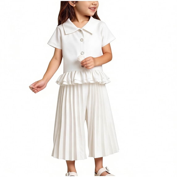LEKWK Girls Elegant 2-Piece Set Short Sleeve Button-Down Ruffle Peplum Shirt Pleated Wide Leg Culottes Solid Color formal Party Clothing