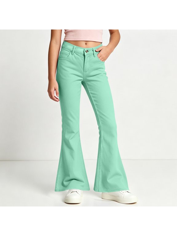 Girls Flare Pants High Waisted Slim Fit Bootcut Pants with Pockets Stretch Solid Casual School Uniform Outfits Mint Green 13-14 Years