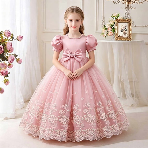 LEKWK Girls Floral Embroidered Princess Dress Puff Short Sleeve Tulle Pageant Gown Bow Waist Cute Dress for Wedding Flower Girl Formal Birthday Party 3-14Y