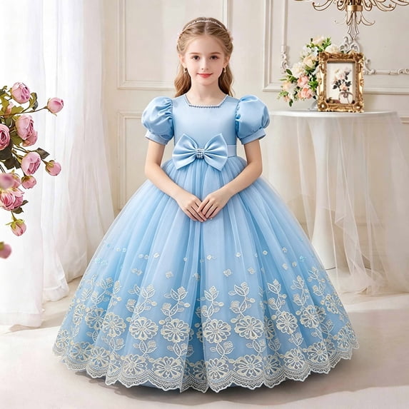 LEKWK Girls Floral Embroidered Princess Dress Puff Short Sleeve Tulle Pageant Gown Bow Waist Cute Dress for Wedding Flower Girl Formal Birthday Party 3-14Y