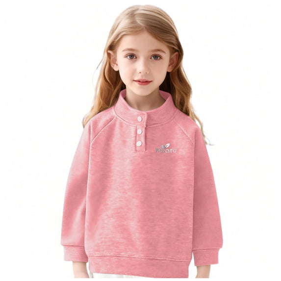 LEKWK Girls Funnel Neck Sweatshirt Button Placket Tops Long Sleeve Pullover Solid Fleece Warm Kids Casual School Daily Active Wear