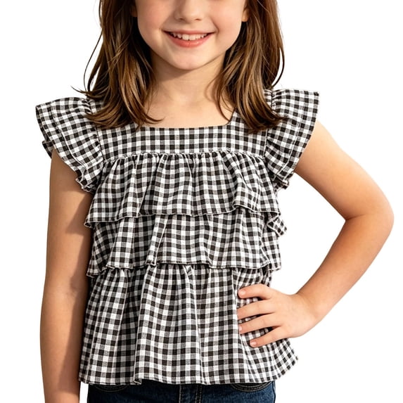 LEKWK Girls Gingham Top Toddler Tiered Ruffle Cap Sleeve Cute Tank Tops Square Neck Tie Back Babydoll Shirts Kids Summer Back to School Outfits Size 3-10Y